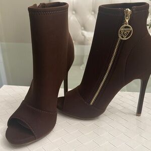 Guess Brown Peep-Toe Stiletto Ankle Boots with Gold Zip
